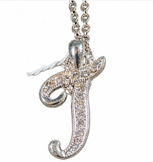 Letter T Initial Pendant Necklace Silver Tone Rhinestone Script Monogram Jewelry